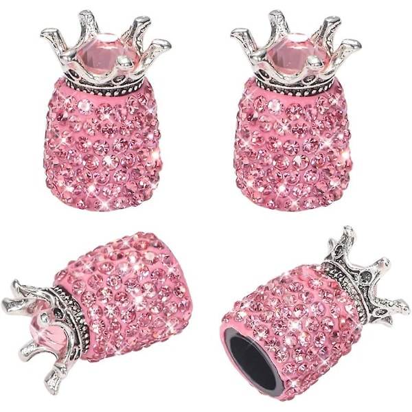 Ventilhætter, 4 stk. Håndlavede Krystal Rhinestone Dækhætter, Attraktive Støvtætte Tilbehør til Bil (Krone Pink)