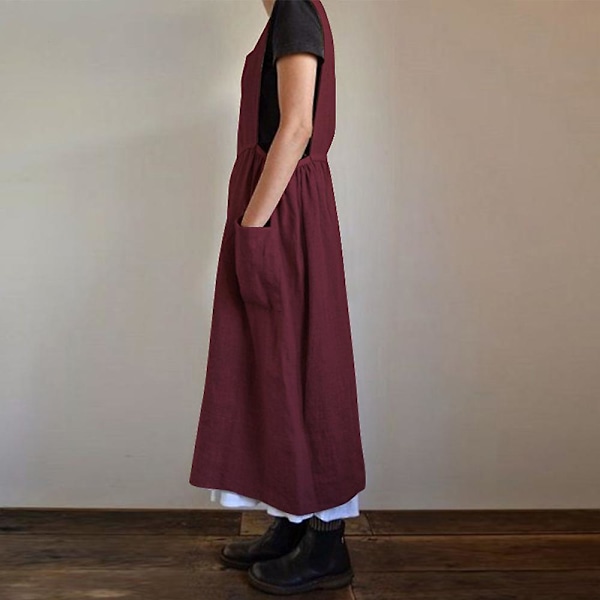Dame Kjole Afslappet Løs Ensfarvet Forklæde Lange Stropper Bomuld Hør Overalls Kjoler Med Lommer, beige red L