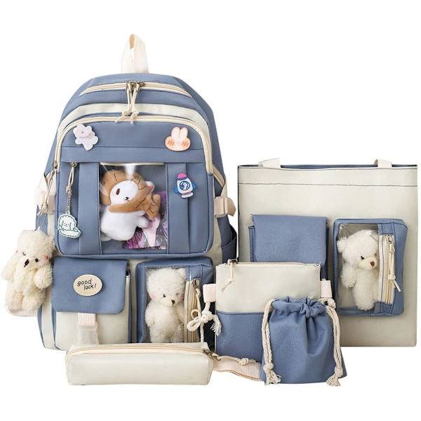 Canvas skolväska combo set, Kawaii tjej student skolväska blå