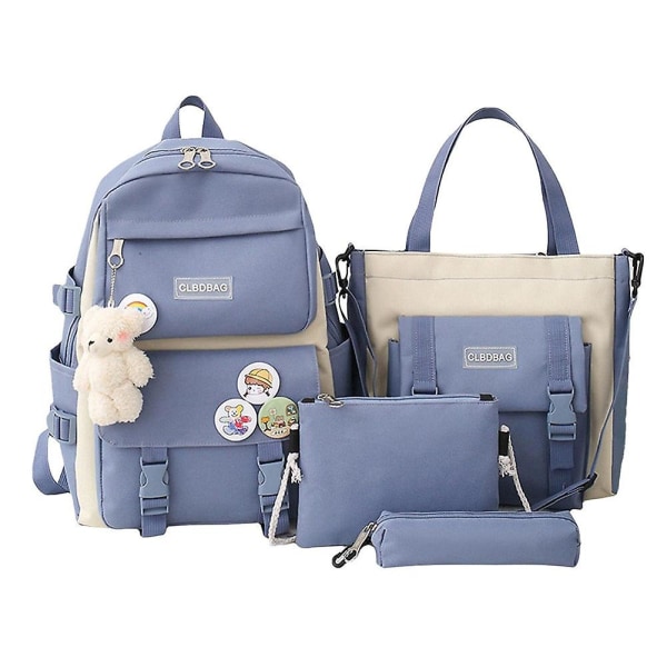 4 st/set skolryggsäckar för kvinnor, skolväska i canvas med prästkrage för tonåringar, flickor, studenter, högskoleväska, pojkar, axelväska, bolsas mochilas E blue