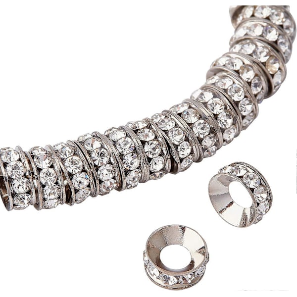 100 st 10mm Kristall Rhinestone Distanspärlor Silverpläterad Mässing Rondelle Distanspärlor för Smyckestillverkning