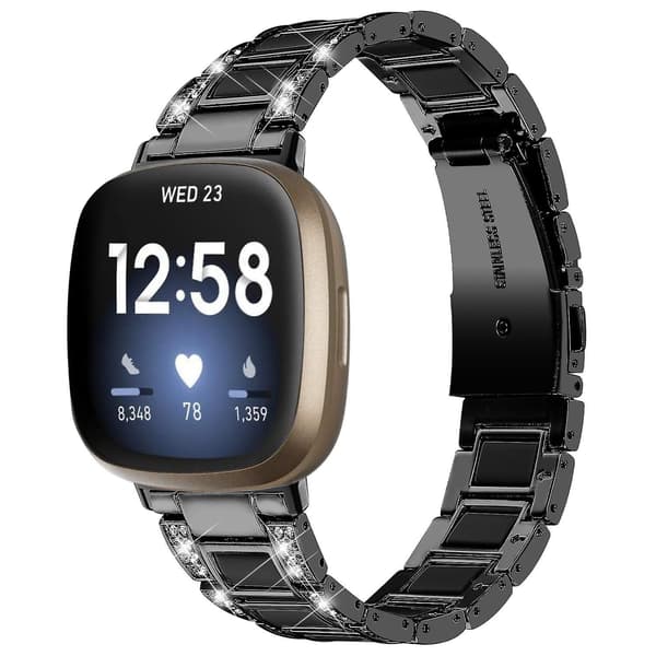 Til Fitbit Versa 4/Sense 2 Resin Urrem Rustfrit Stål Rhinestone Dekor Urrem Black