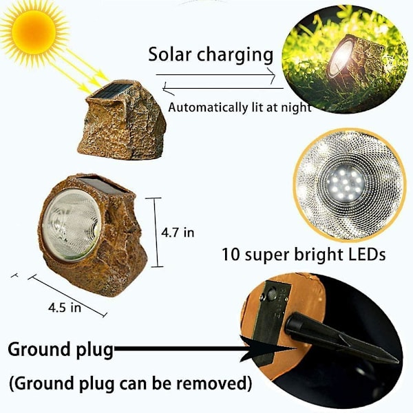 Solcelle Hagesteinlamper Utendørs, 2 Pakker 10 LED Vanntette Solcelledrevne Steinlamper Utendørs Landskapsspotlights, For Innendørs Og Utendørs Dekorering
