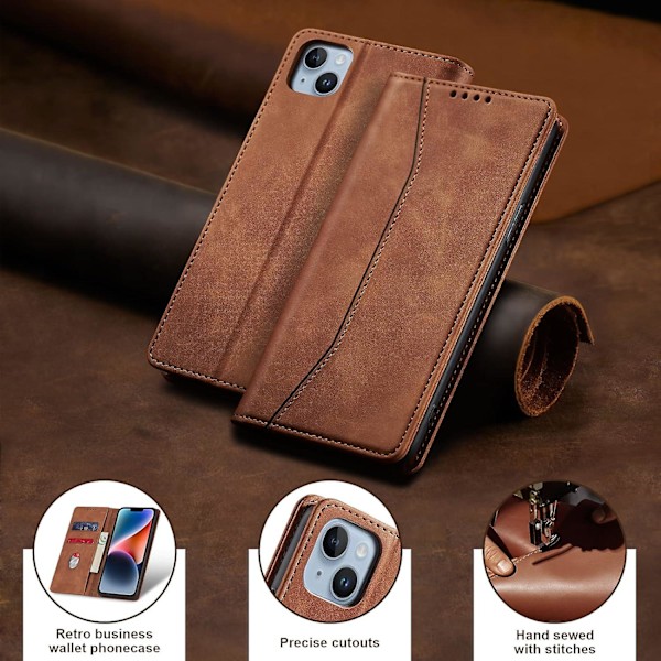 Flip Wallet-fodral för iPhone 14 5G, lädermagnetiskt Folio-fodral med kortfack, ställ - TPU stötsäkert hållbart skyddande telefonfodral, brunt