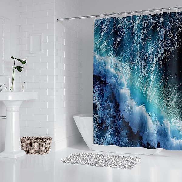 Bruseforhæng Grønt Skimmelsikkert Vandafvisende Fugle Blomster Badeværelse 3d Ocean Waves