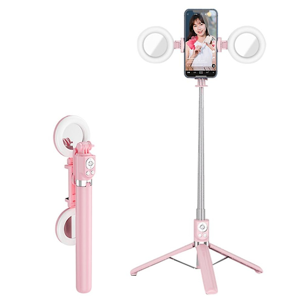 1,3 m Udtrækkelig Selfie Stick Bluetooth Fjernbetjening Bærbart Tripod Stativ + Udfyldningslys og Spejl Pink