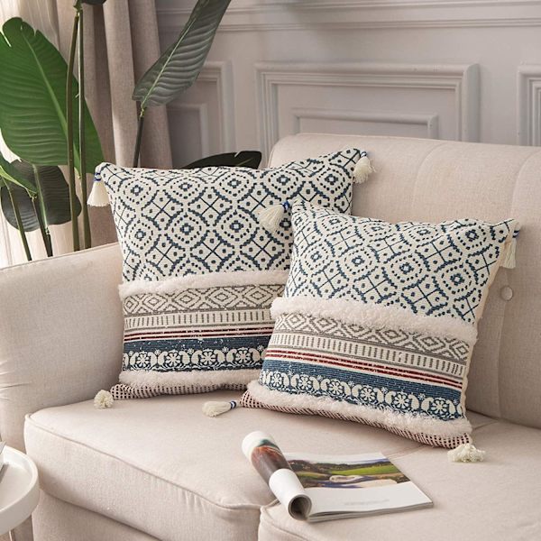 Boho Tuftade Dekorativa Kuddfodral för Soffa - Modernt Marockanskt Kuddfodral med Tofs, Sovrum Vardagsrum Bil Hotell, 18x18 Tum Blue