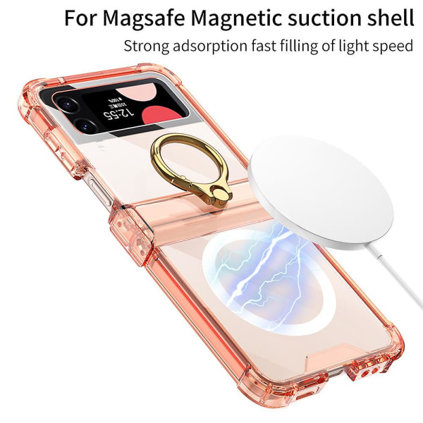 Magnetisk Magsafe- case kompatibel med Galaxy Z Flip 4, genomskinlig Tpu- case med ringhållare och gångjärnsskydd Clear - Orange For Galaxy Z Flip 4