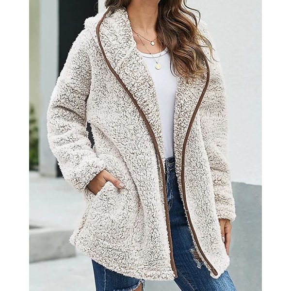 Dam Huva Fuzzy Fleece Coat Solid Oversized Kontrastfärg Kantband Vinter Varm Pälsjacka Ytterkläder L