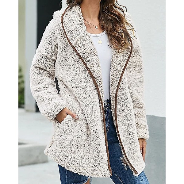 Dam Huva Fuzzy Fleece Coat Solid Oversized Kontrastfärg Kantband Vinter Varm Pälsjacka Ytterkläder M