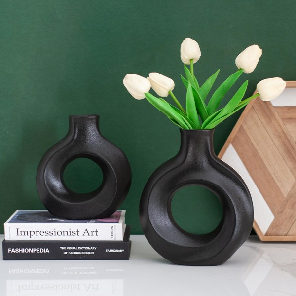 Set med 2 svarta ihåliga runda vaser i porslin - Minimalistiska bohemiska sydamerikanska Pampas vattentäta vaser Set för hem Vardagsrum Farmhouse Dekorativt