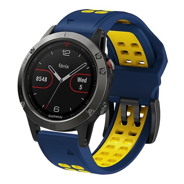 Pehmeä silikoninen urheiluranneke Garmin Fenix 7 / 6 / 5 -kelloon, pikakiinnitys, kaksivärinen kellon ranneke Dark Blue  Yellow
