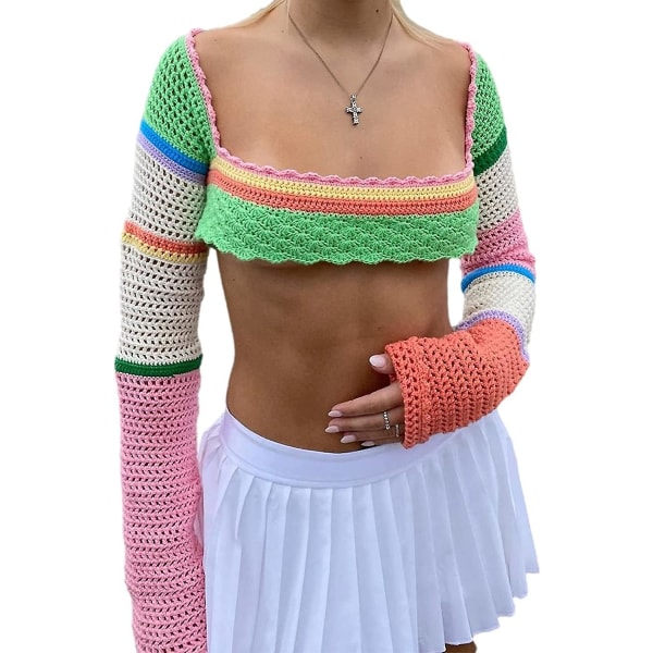 Heklet, hul strikket genser for kvinner, crop tops, langermet genser, cropped Style 1 S