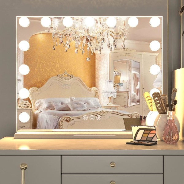Spegel med lampor Hollywood sminkspegel, stor sminkspegel med smink, stor sminkspegel med 15 ledlampor, Hollywoodspegel med 3 färglägen
