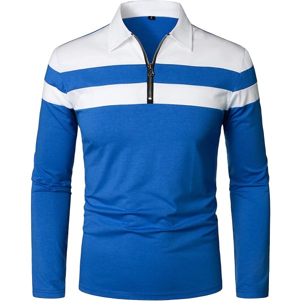 Herr Casual långärmade pikétröjor Kontrastfärg Patchwork T-shirt i bomull Blue S