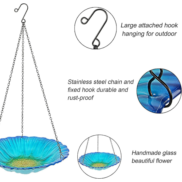 Hængende Fuglebad 28 cm Udendørs Glas Blå Blomsterformet Fuglebad Til Have Gårdhave Dekoration