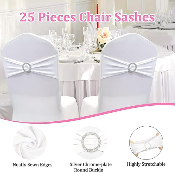 Stolsash Stolsrosett Elastisk Stolsash Spandex Bälte Spänne För Bröllop Hotell Bankett Födelsedagsfest Heminredning Sash (vit, 25 st)