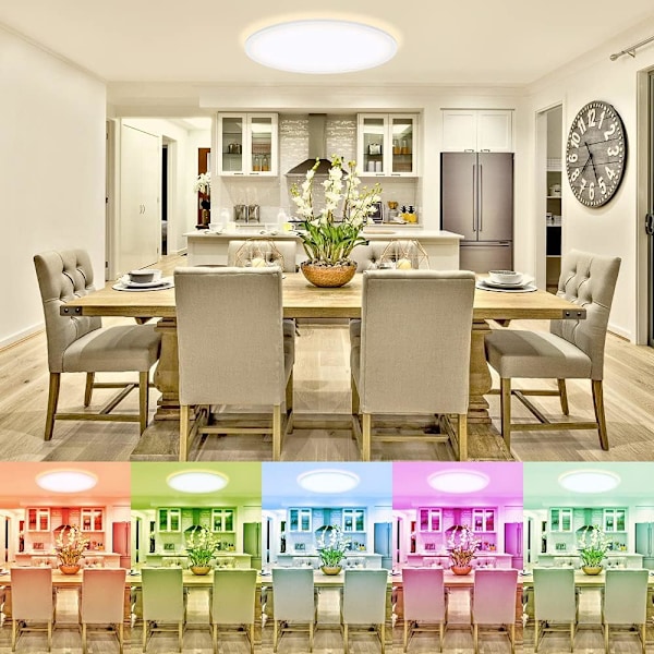 LED Taklampe Dimbar, Ø295mm 18W 1600lm Baderomsbelysning med Fjernkontroll, Vanntett, 144W Ekvivalent, RGB Fargeskiftende Taklampe
