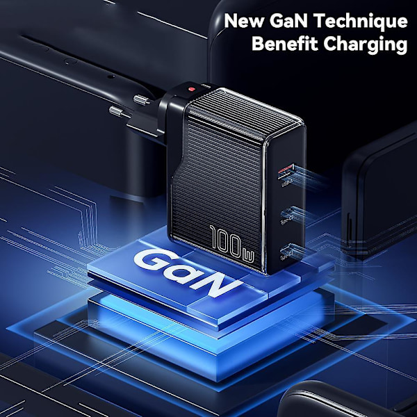 100W GaN -laturiadapteri, 2 Type-C + 1 USB-A, kannettava seinälaturilohko, tukee useita protokollia White