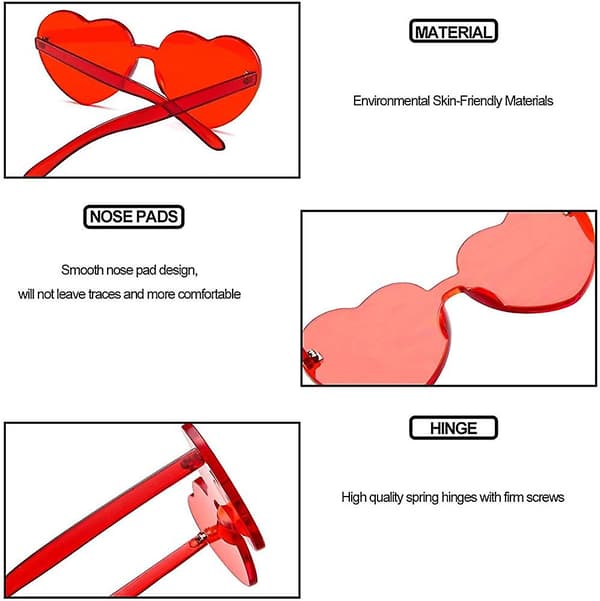 Hjerteformede solbriller, ét stykke, transparente, uden kant, slikfarvede briller