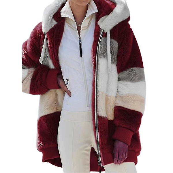 2023 Dam Långärmad Luva Teddybjörn Fleece Jacka Färgblock Vinter Varma Rock För Utomhus S-5xl Wine Red 4XL