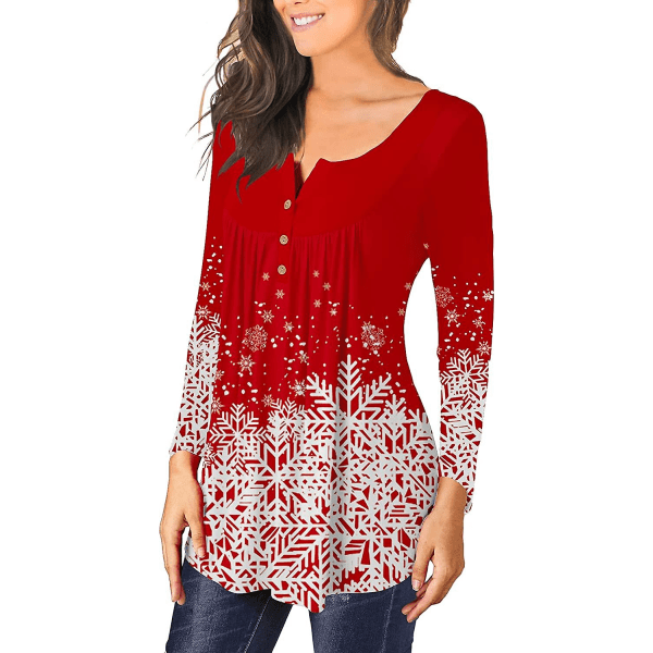 Dame Tunika Topper Ensfarget Plissert V-hals Knapper Bluse Blomstertrykte Damer Mixblack M