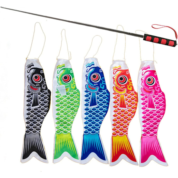 5 stk. Japansk Karp Vindpose og 1,6M Teleskopisk Håndholdt Flaggstang, Streamer Fiskeflagg Kite (40cm, Fargerik)