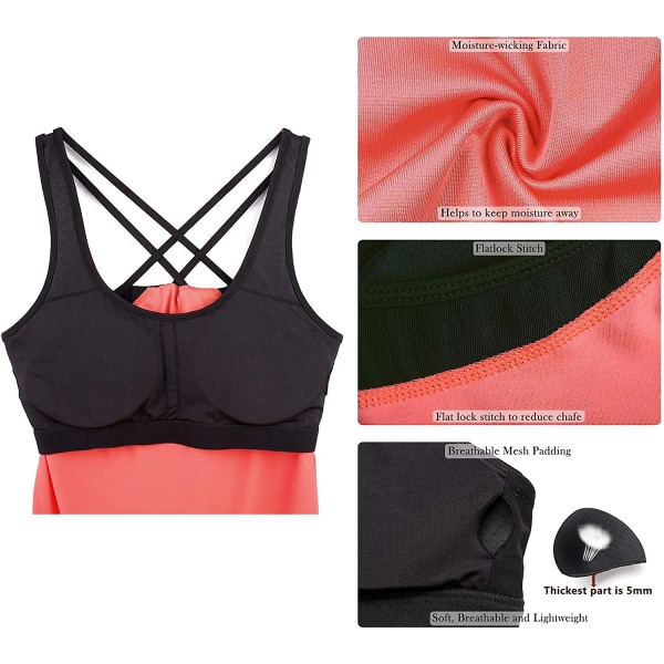 Träningsyoga linne för kvinnor med inbyggd bh, fitness med remmar i ryggen Pink XL