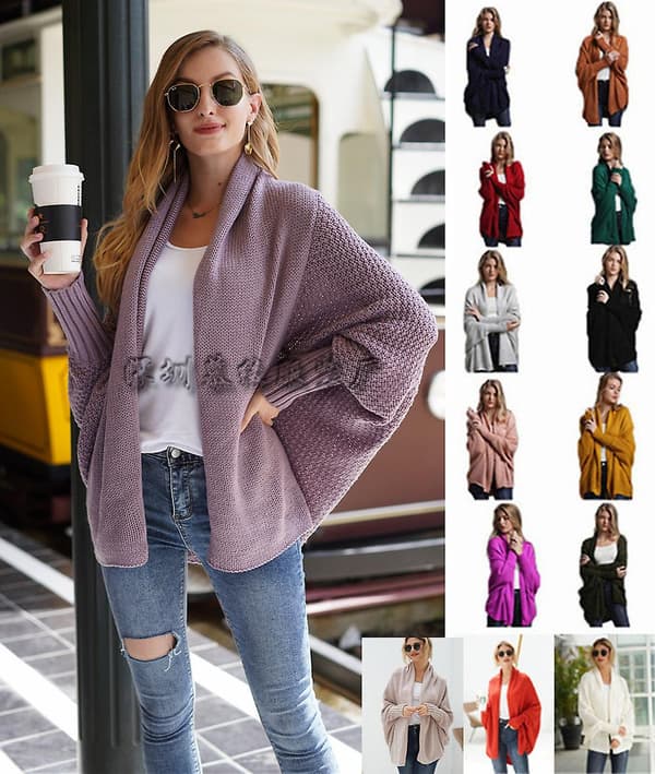 Høst og vinter flaggermusermer pluss størrelse lang strikket cardigan genser damekåpe damegenser Purple Average size