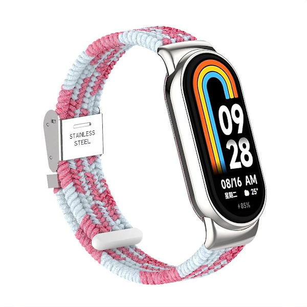 För Xiaomi Smart Band 8 flätad nylon klockarmband justerbart spänne elastiskt band Pink White