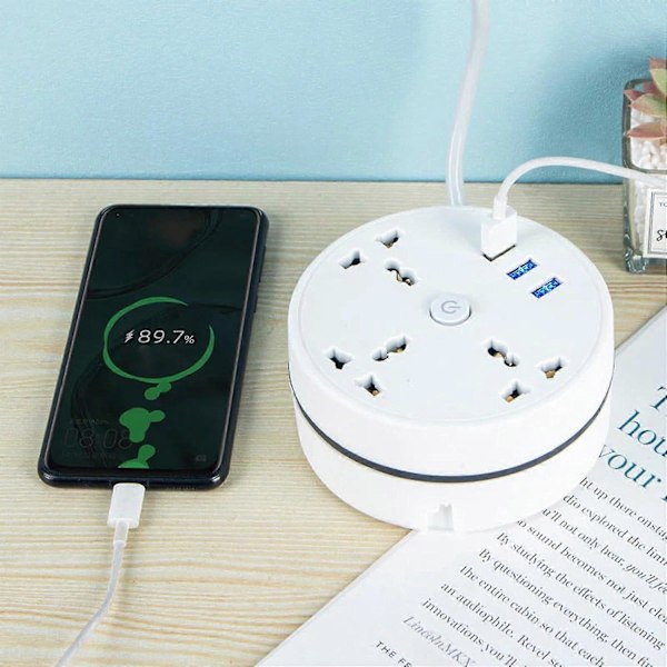 Fanshome Universell Skjøteledning med 3 Stikkontakter og 3 USB A 2500W 10A Multi Skjøteledning med 2 meter Uttrekkbar Ledning UK