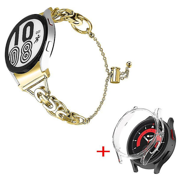 Urrem i rustfrit stål med perledekoration til Samsung Galaxy Watch 5 44mm med PC beskyttelsesramme Gold Transparent  Watch Frame