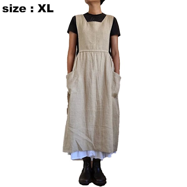 Dame Kjole Afslappet Løs Ensfarvet Forklæde Lange Stropper Bomuld Hør Overalls Kjoler Med Lommer, beige beige XL