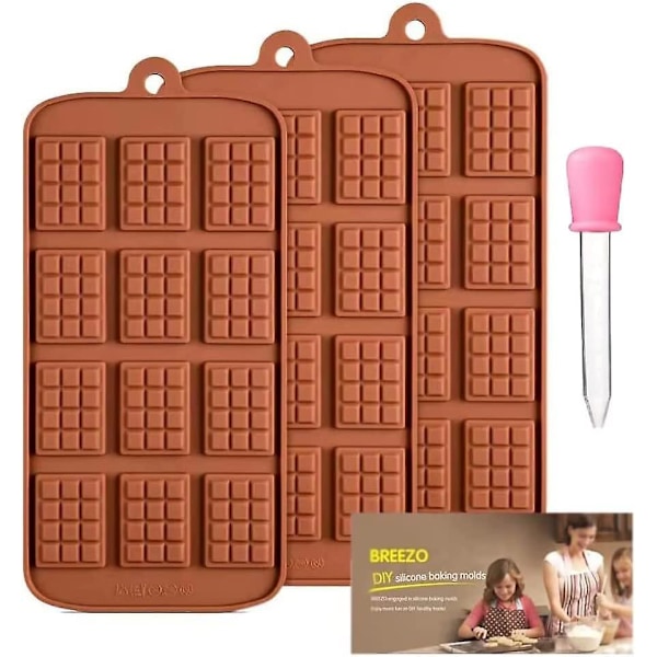 Vaffel Chokoladeforme Silikone Slikforme - 3 stk. 12-hulrums Små Bræk-fra-hinanden Chokoladeforme + 1 Pipette