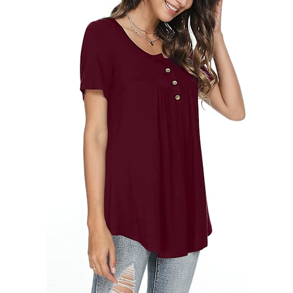 Kvinnors vår-sommar Henley-skjortor Knäppta tunikor Toppar 2023 Casual Kortärmad blus T Wine Red XL