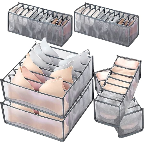 6 Undertøjsskuffe Organizer Foldbar Sok BH Skuffe Divider, Vaskbare Opbevaringsbokse Til BH'er, Trusser, Strømper, Slips Og Tørklæder (6+7+11 rum), Grå