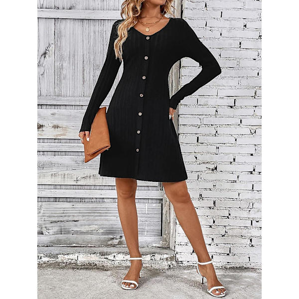 Mustat sateisen yön mekot naisille A-linjainen V-kaula-aukkoinen pitkähihainen koristeellinen nappi raidallinen vintage päivittäinen midi-mekko neulotut mekot Black L