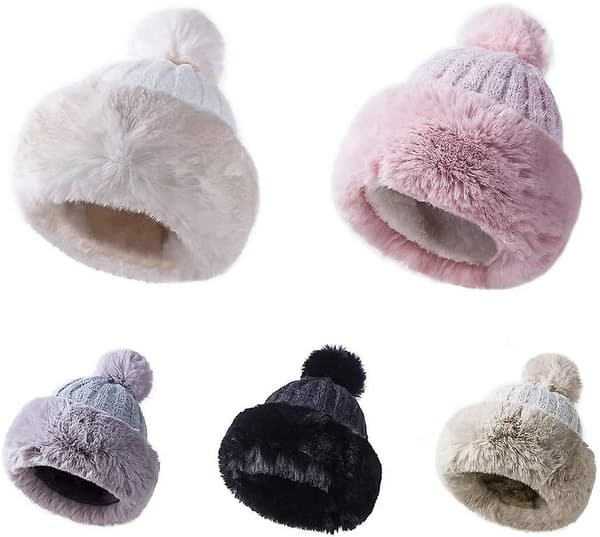 Kvinnors vintermössa i fuskpäls med pompom