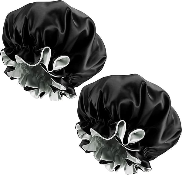 2-pack Acsergery satinkåpa, justerbar silkesnattmössa, svart dubbellagers hårmössa present