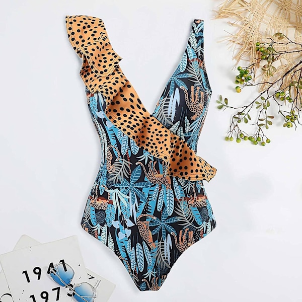 One Piece Badkläder för kvinnor Enfärgad baddräkt Kvinnors Skinny Retro Tryckt XL 03 Blue
