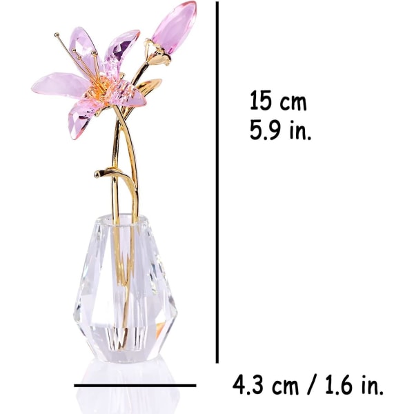 Kristallblommig statyett Lily Flower Samlarpresenter för kvinnor, Glas Lilium med Kristallvas Metallstam För Hem Bröllopsfest Ornament Dekor (rosa