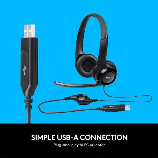 Logitech H390 Kablet Headset, Stereo Hovedtelefoner med Støjreducerende Mikrofon, USB, Inline-kontroller, PC/Mac/laptop - Sort