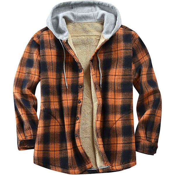 Rutete bomullsjakke for menn, fleeceforet flanellskjorte, Sherpa-jakke med knapper og hette for menn orange M