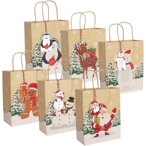 Paket med 24 julklappspåsar med handtag och etiketter för julfestdekoration, 9 X 7 X 4 tums julgodispåsar 24 pieces