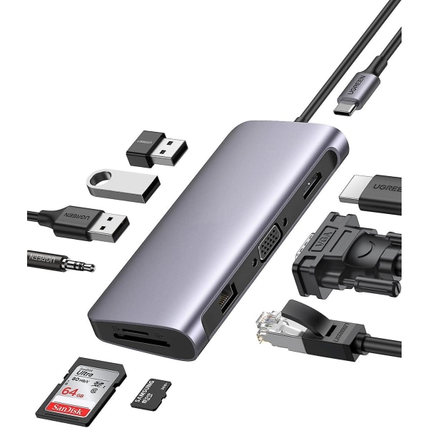 10-i-1 USB C Dongle Ethernet Dockningsstation med 4k HDMI Vga 100w power, USB C Multiport Adapter