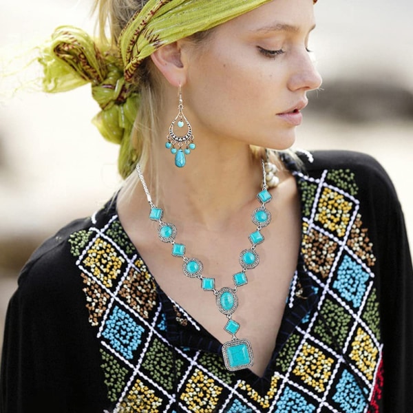 3 delar bohemisk turkos smycken set kvinnor Western smycken set turkos hänge halsband, vintage turkos dinglar örhängen