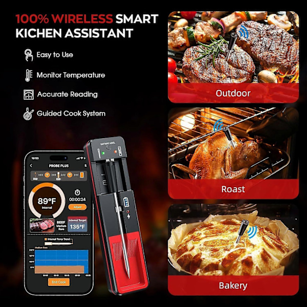 Trådlös Kötttermometer, Digital Mattermometer för Matlagning och Grillning, 360 ft Bluetooth Smart Kötttermometer, för Ugnssäker, Kök, Rökare