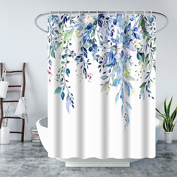 180x180 cm blå blomstret bruseforhæng med 12 kroge, vandtæt polysilicium bruseforhæng, maskinvaskbart, hurtigtørrende, til badekar eller badeværelse