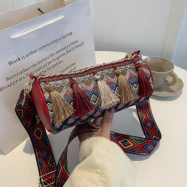 Etnisk stil canvas crossbody väska tonårsflickor plånbok bärväska axelväska för kvinnor damer Red