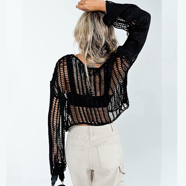 Dame Hul Ud Hæklet Strik Trøje Crop Tops Langærmet Trøje Cropped Style 8 L